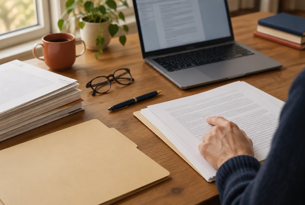 Documentos de registros públicos y una laptop sobre un escritorio